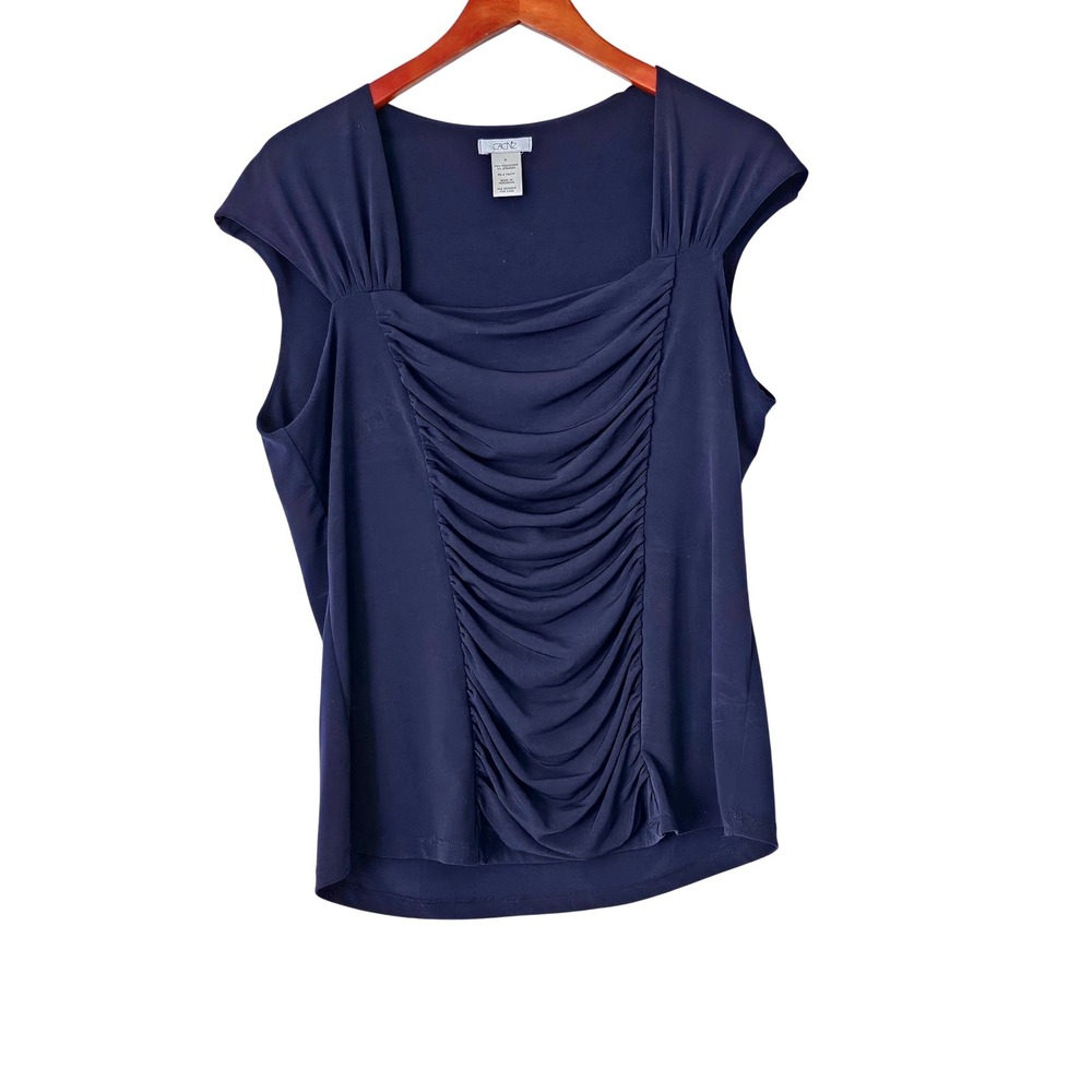 Caché Navy Blue Ruched Draped Front Stretch Top Size XL Cap Sleeve Feminine Y2K